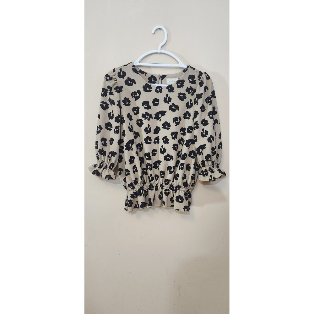 Melloday Smocked Peplum Blouse Top Womens Size M Beige and‎ Black Floral Knit